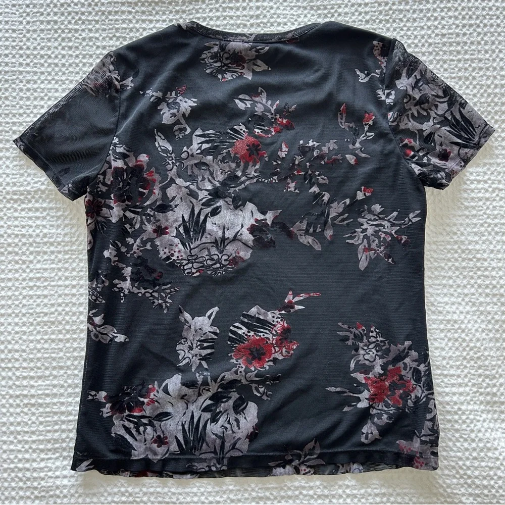Requirements Vintage 90s/Y2K Velvet Burnout Black Floral Tee with Sheer Overlay - Picture 3 of 7